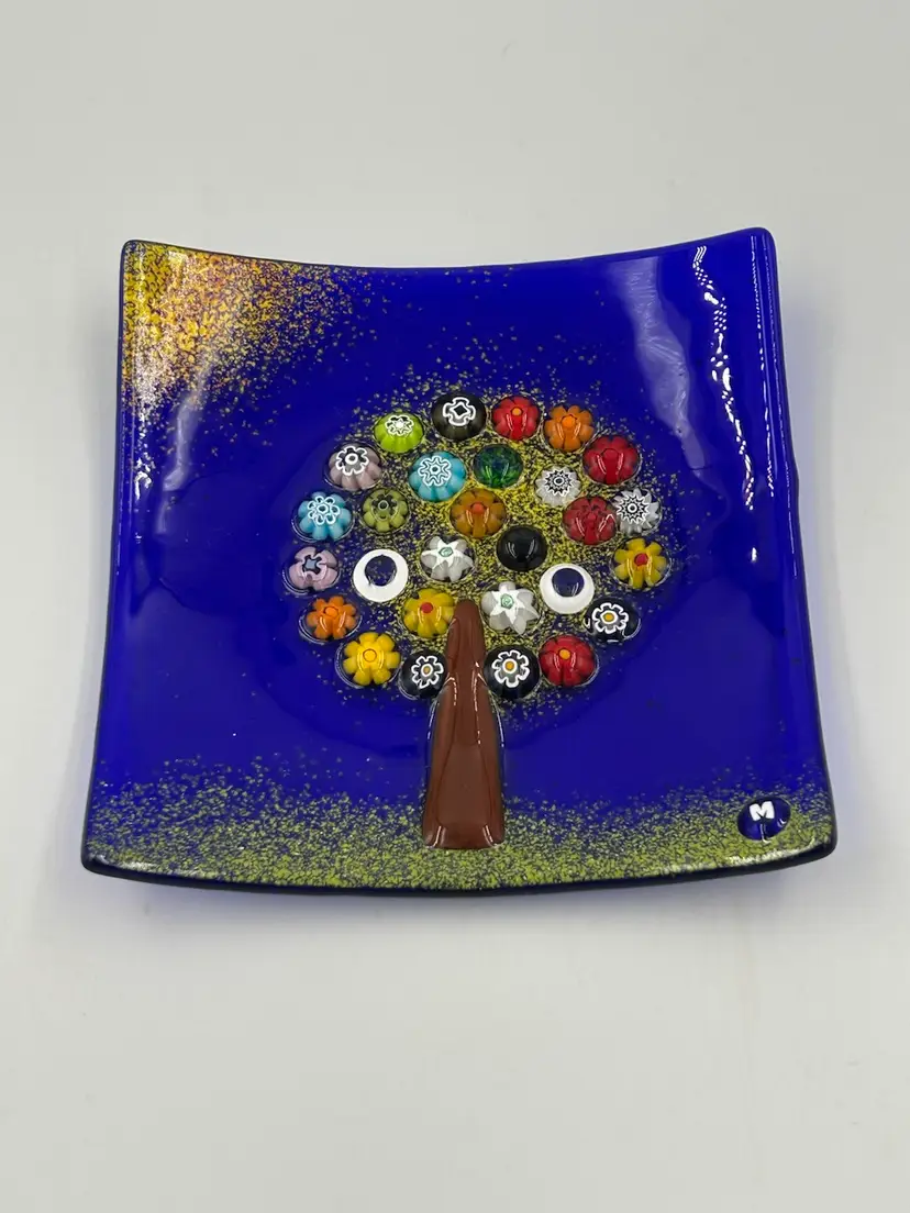 Murano Cobalt Blue Millefiori Tree Of Life Art Glass trinket Dish