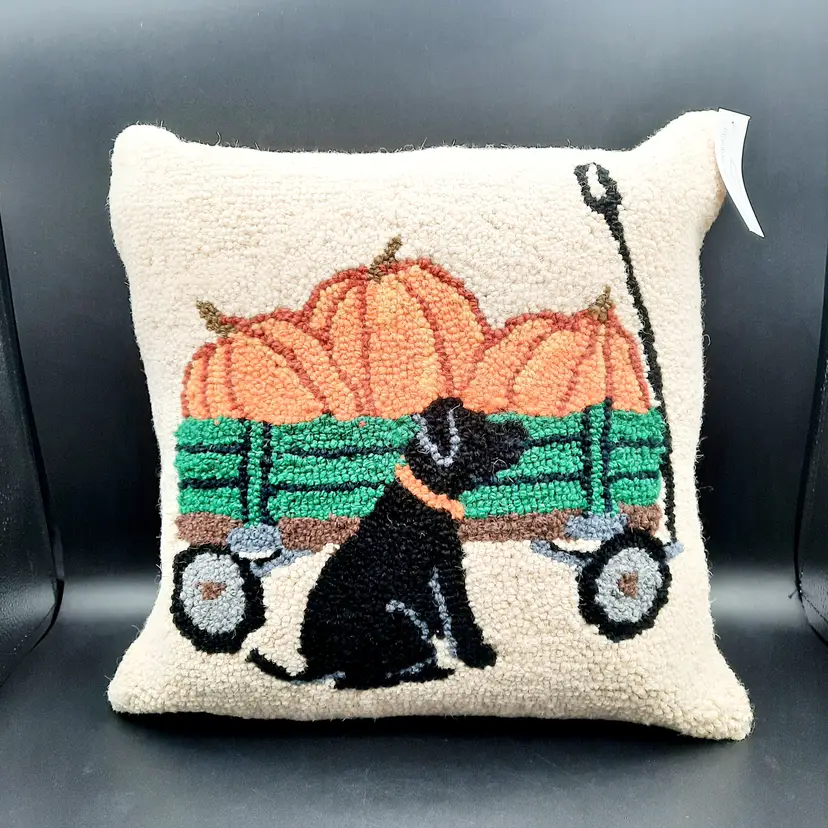 Peking Handicraft Hooked Pillow Black Lab Dog w/ Wagon Full of Pumpkins