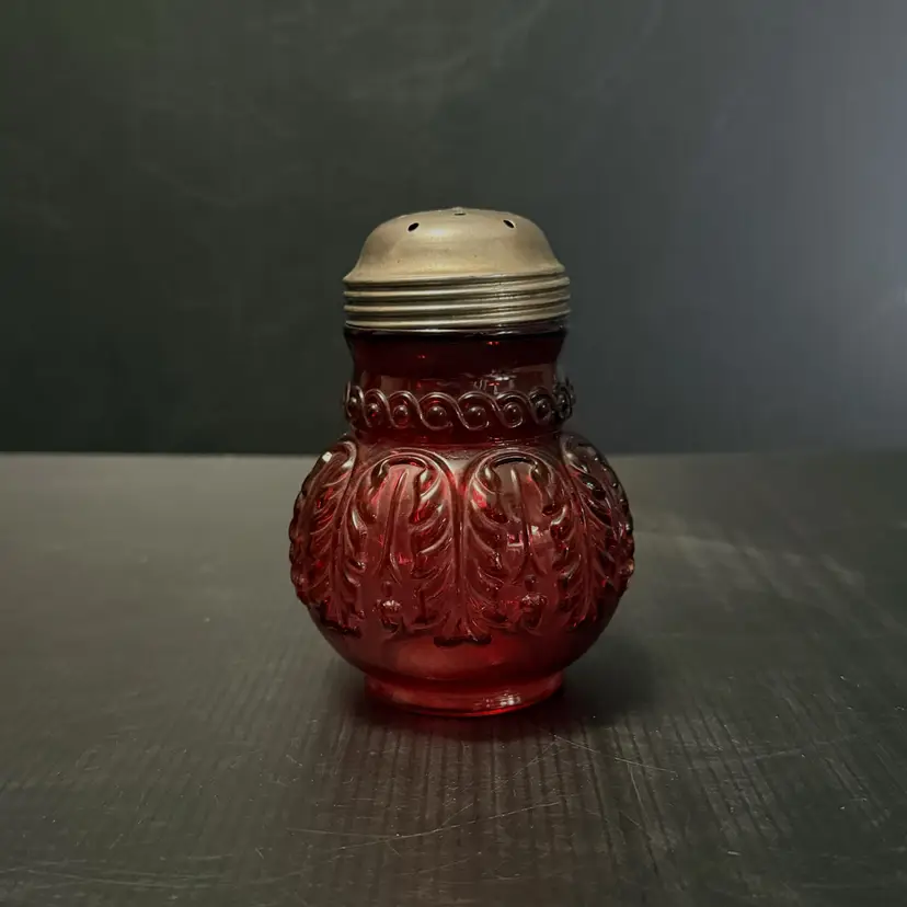 Antique Northwood Cranberry Glass Leaf Umbrella Sugar Shaker