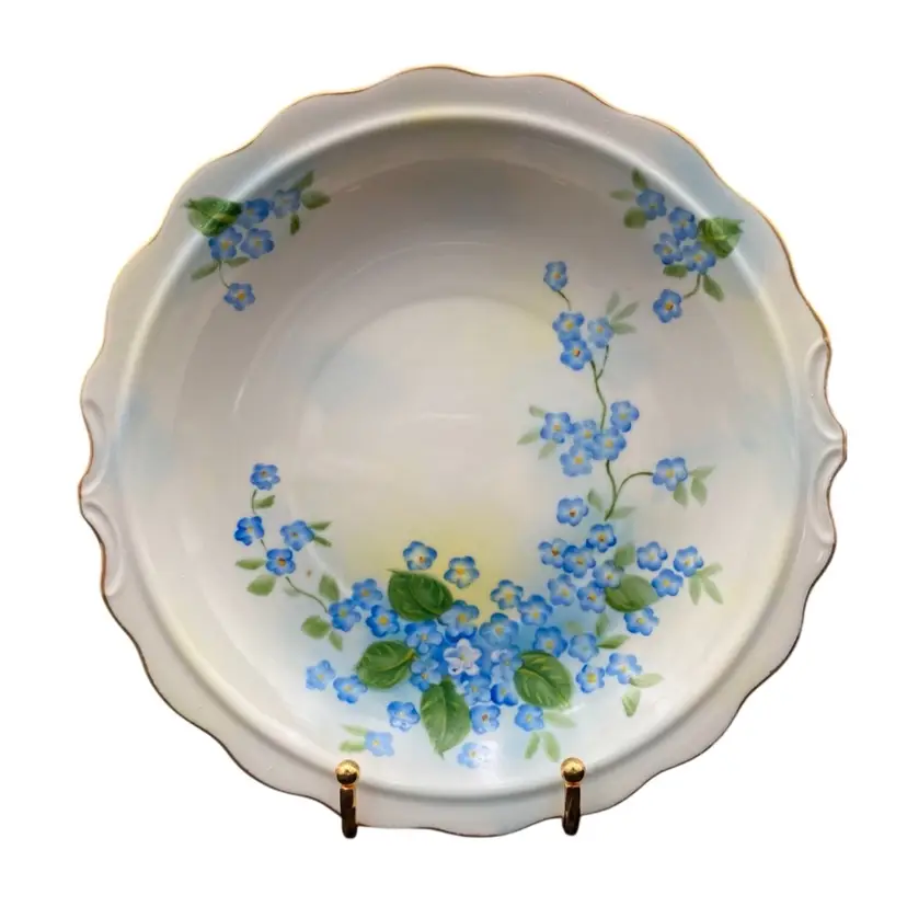 Vtg.Lefton Porcelain Bowl, 9.5", Hand-Painted Blue Forget-Me-Nots w/Gold, SL4190