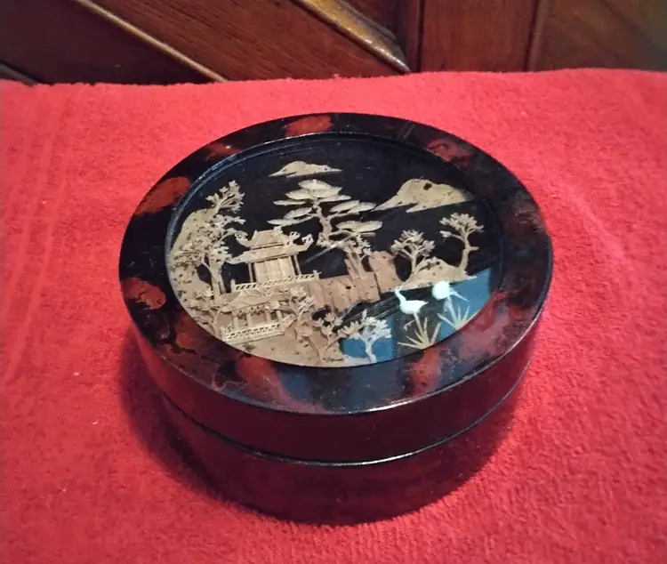 Vintage Chinese Cork Diorama Handcrafted Art Round Box Rare