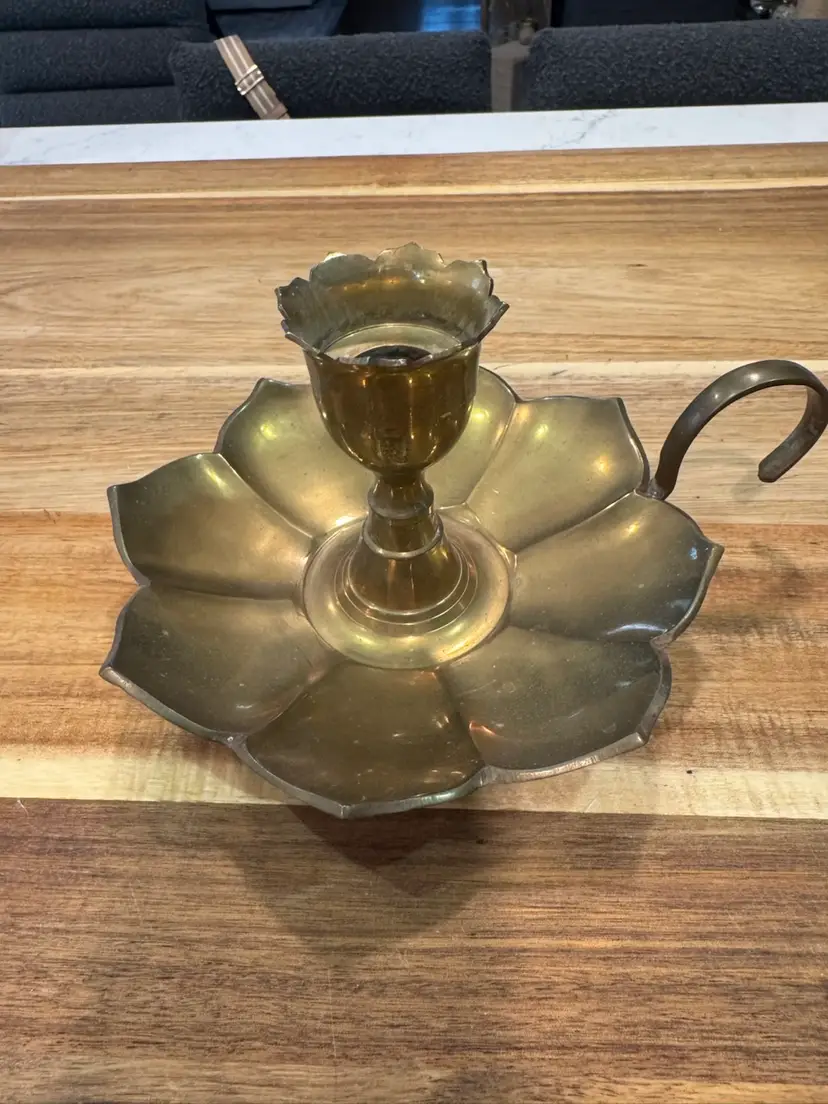Vintage Brass Petal Shaped Candleholder With Handle