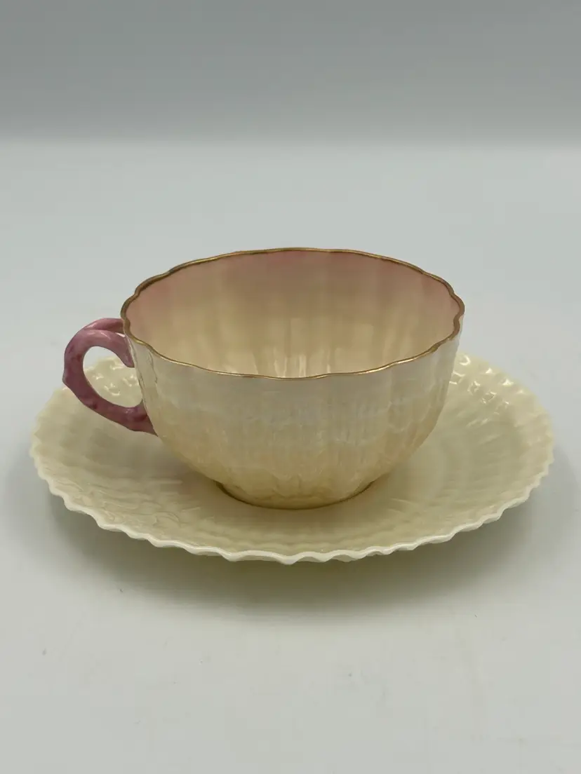 Antique Limpet Belleek Teacup Second Mark (1891-1926) With Vintage Third Mark Saucer Lusterware Pink Scalloped Edge