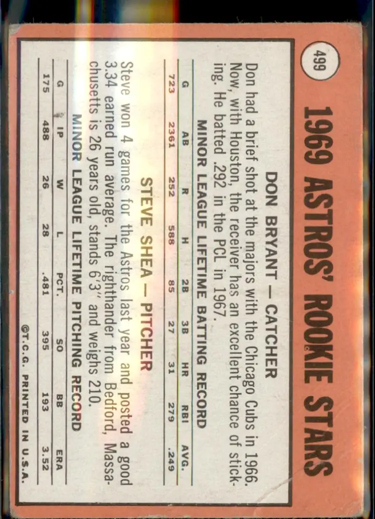 1969 Topps #499 Astros 1969 Rookie Stars (Bryant / Shea) RC - ( pk3 ) - Houston Astros