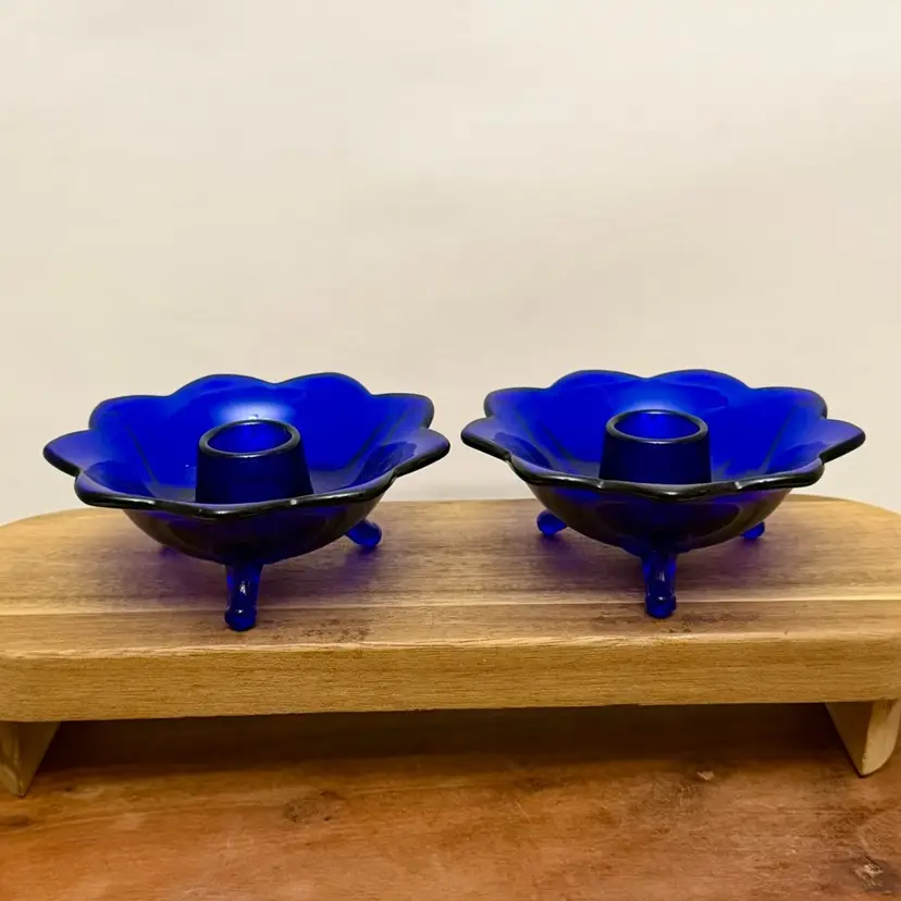 Fenton Cobalt Blue Lotus Flower Footed Candlestick Holders Set of 2
