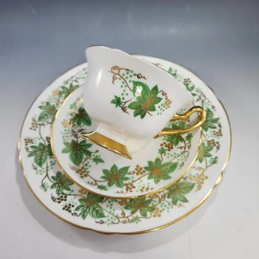 Shelley China Trio - Gold Grape Vine #13616C in Green Lunch Plate, Tea Cup & Saucer Set English Bone China – England