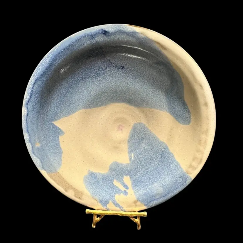 Signed Studio Art Pottery Plate – 10.5” – Blue & Tan Swirl Glaze – Signed 2024