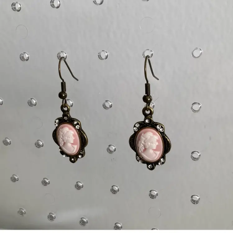 Vintage Pink Cameo Dangle Earrings Set In Ornate Victorian Style Metal Frames