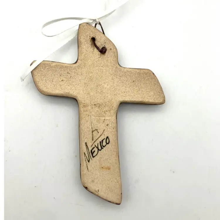 BIN - Hand Painted Tonala Mexico Folk Art Angled Cross With Bird Of Peace And Flowers 4.5”