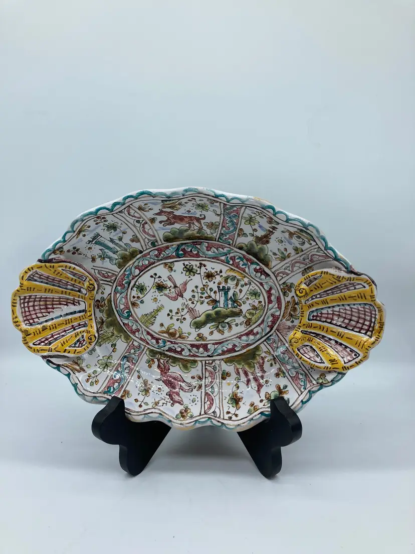 Portugal Ceramic Serving Platter, Signed, Colorful Scenes