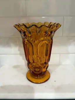 Vintage LE Smith Amber Brown Vase Moon Stars Ruffled Edge USA Glass