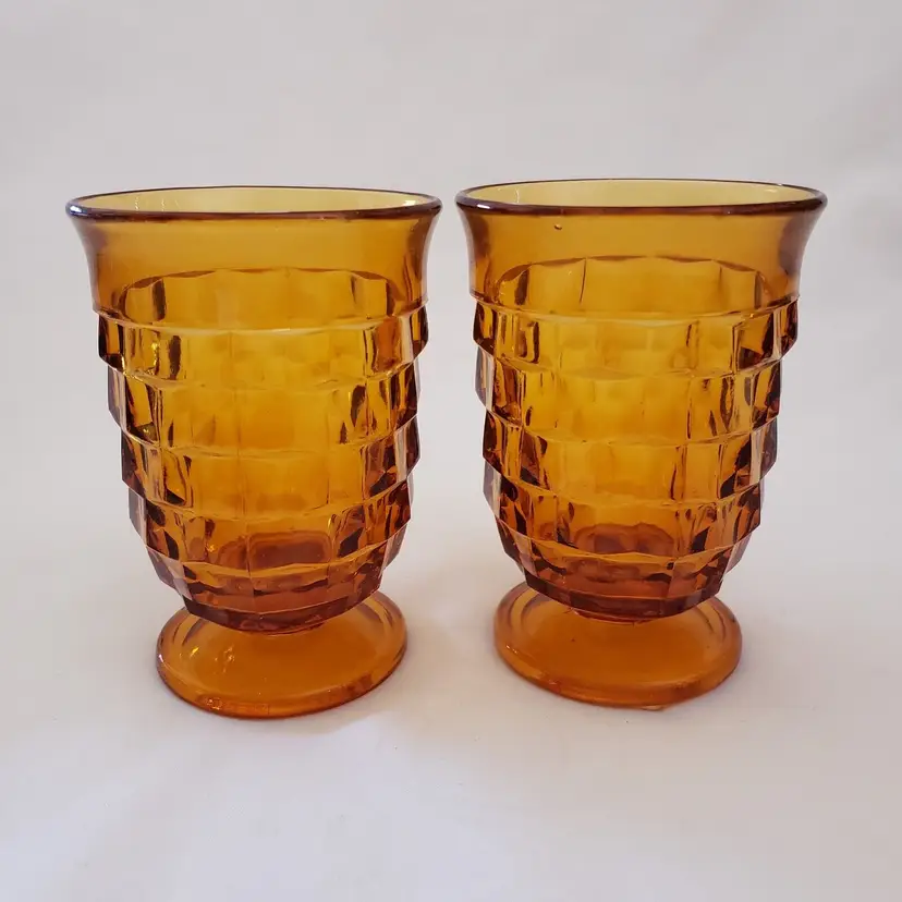 Whitehall Cubist Amber Drinking Glasses (2) Footed Indiana Glass 3 3/4"Tall