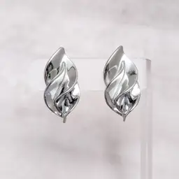 Vintage Clip On Earrings Large Silver Tone Twisted Leave Statement Glam