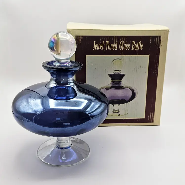 Amethyst Violet Iridescent Perfume Decanter Genie Bottle with Box Art Glass Vintage