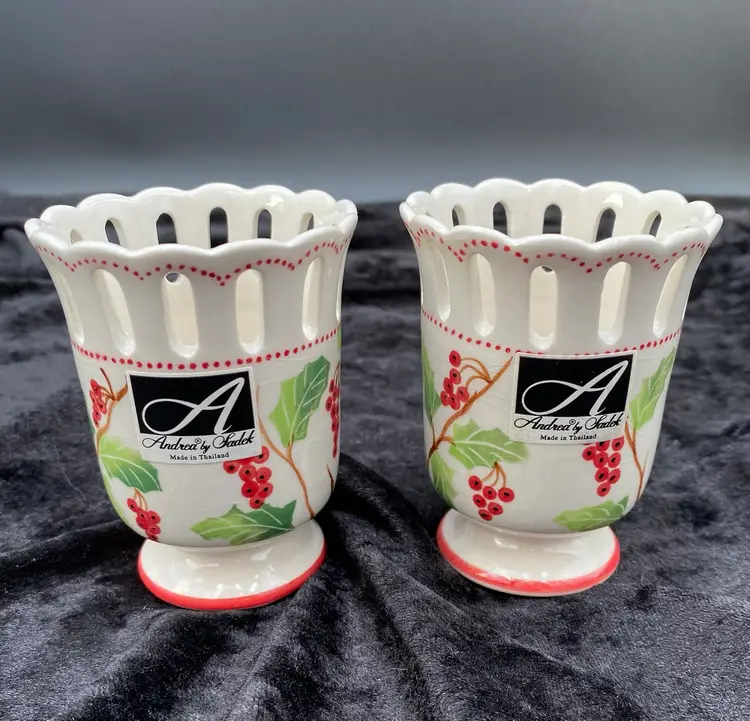 Pair of Andrea by Sadek Holly & Berries Toothpick or Votive Candle Holders