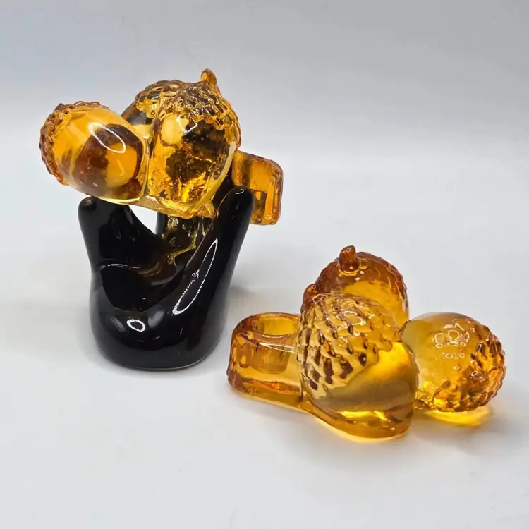 Williams Sonoma S/2 Amber Glass Acorn Mini Taper Candle Holders • Fall Autumnal