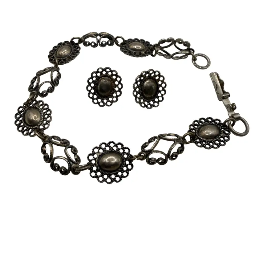 Vintage Beau Sterling Silver Filigree Link Bracelet And Earrings Set- Signed