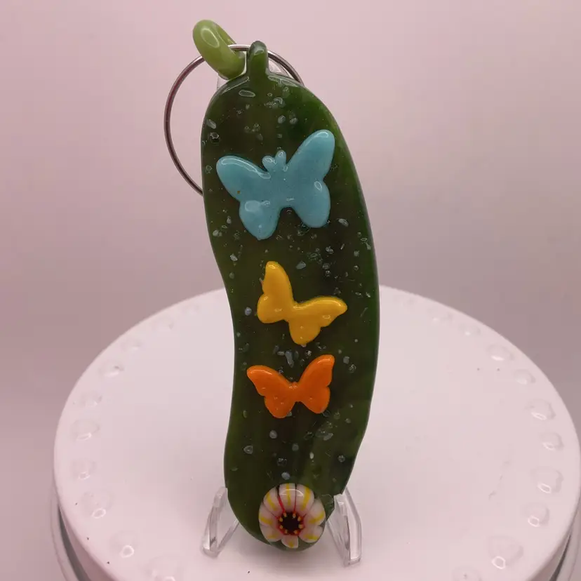 Made by Me! Fused Glass Butterfly Trio "In a Pickle" Ornament 3.25” Handcrafted Studio Art