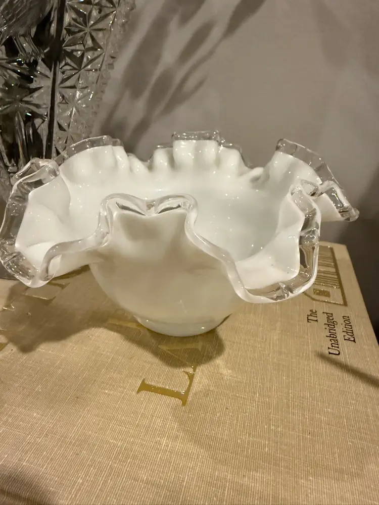 Fenton White Milk Glass Ruffled Bowl