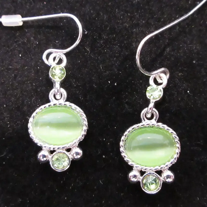 Vintage Silver Tone Metal and Green Glass Cabochon and Rhinestone Dangle Earrings with French Wires - 1 Inch Long