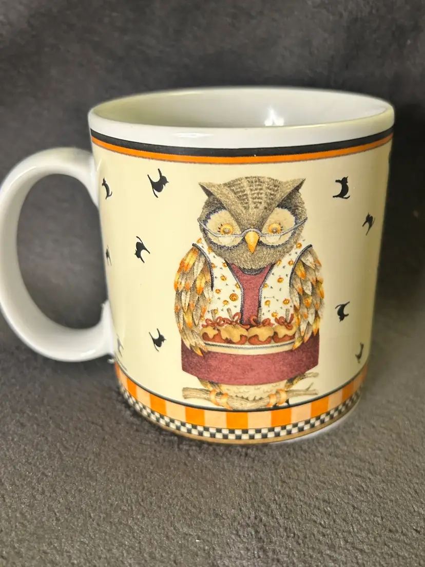 Halloween Mug Owl Black Cats Coffee Stoneware Cup Sakura by Debbie Mumm 2000