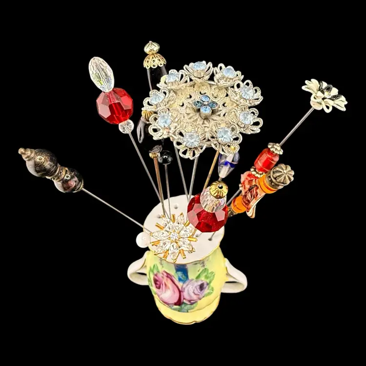 Floral Amphora Hat Pin Holder with 14 Hat Pins