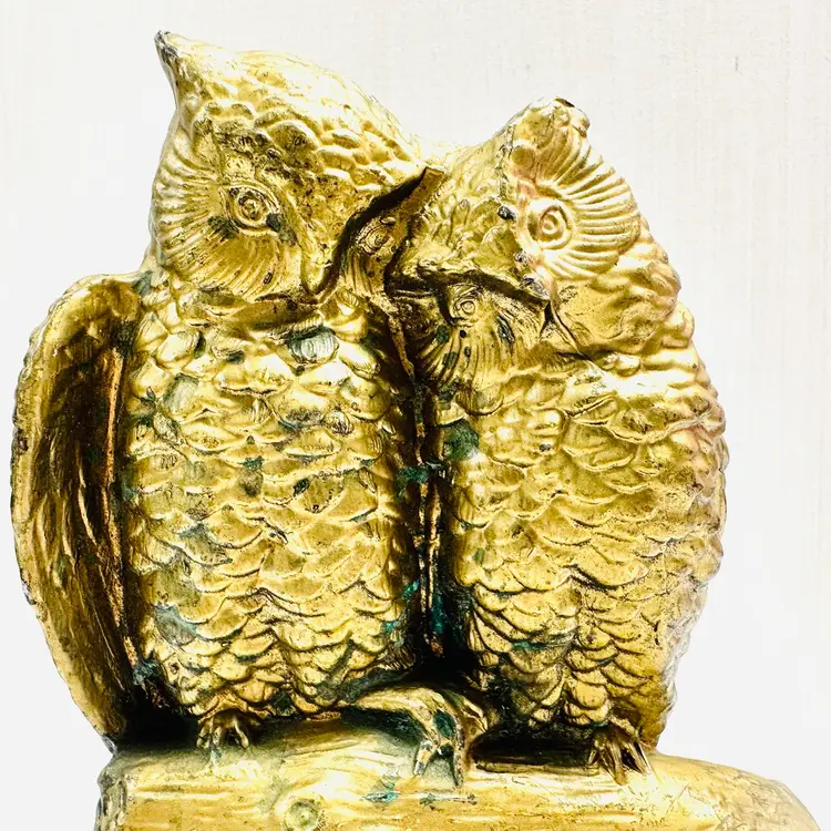 Vintage Bookend Owls Love Birds Branch Metal Gold Toned