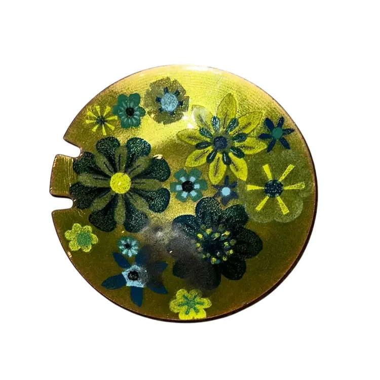 Enamel Over Copper Flower Power Vintage Green Blue Flower Ashtray Trinket Dish