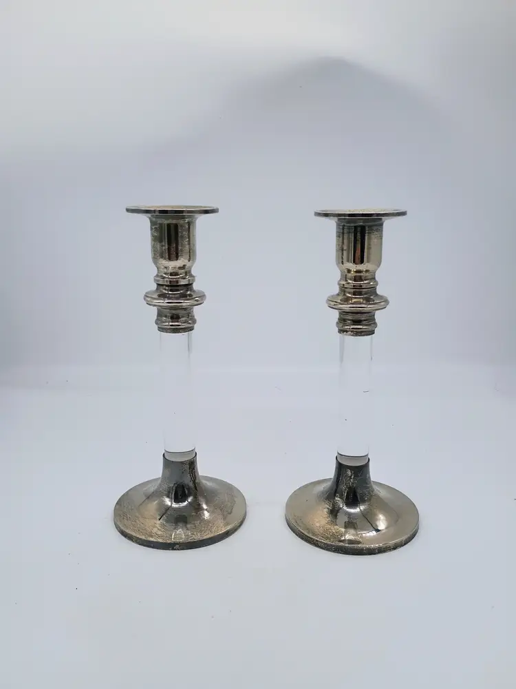 Vintage Karl Springer Designed for Lord & Taylor Silver-plate and Lucite Candlestick Holders Pair.