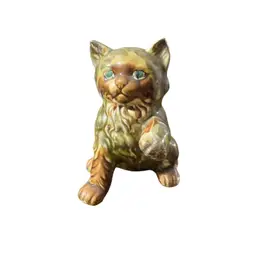 Ceramic Drip Glaze Green Eyed Cat Figure  Mid Century modern Vintage Gold Paws