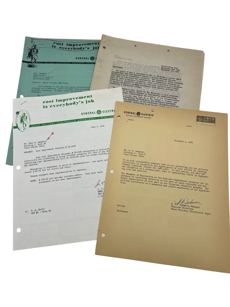 GE Defense Electronics Cost Improvement Letters & Award Docs 1950s–80s Lot