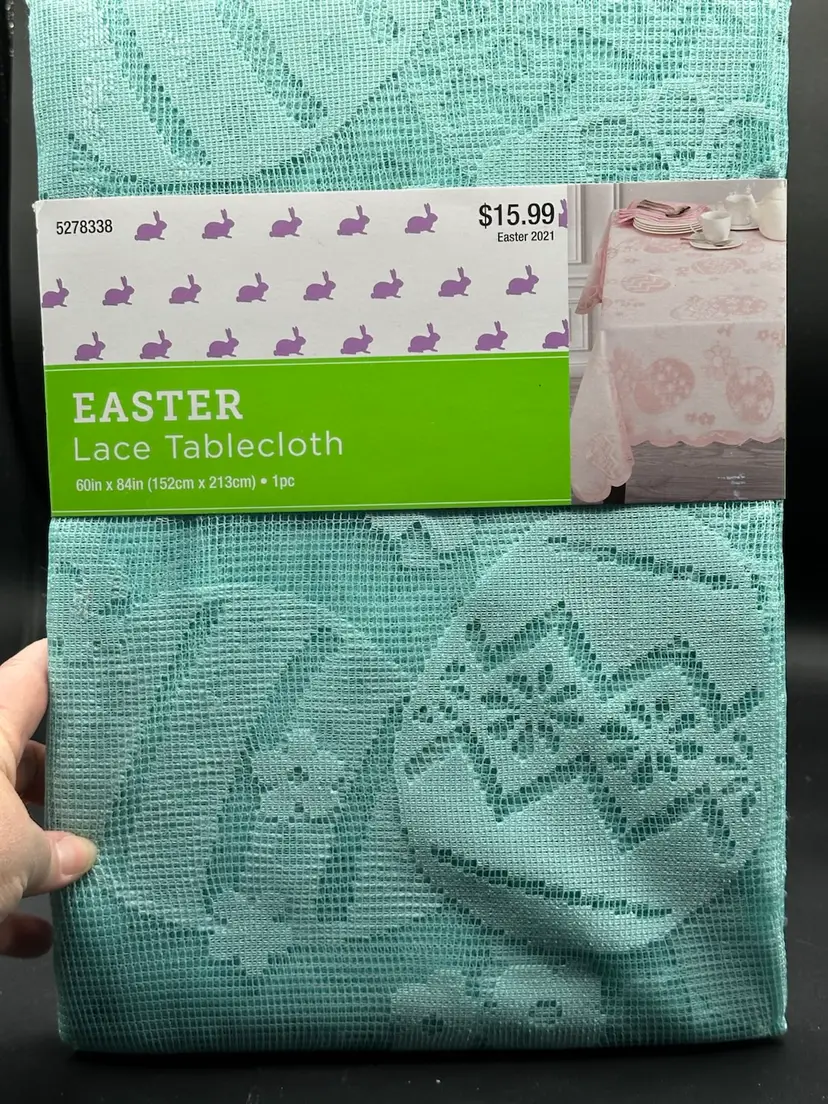 NWT Blue Lace Easter Tablecloth 60" x 84" Eggs Flowers New Scalloped Edge