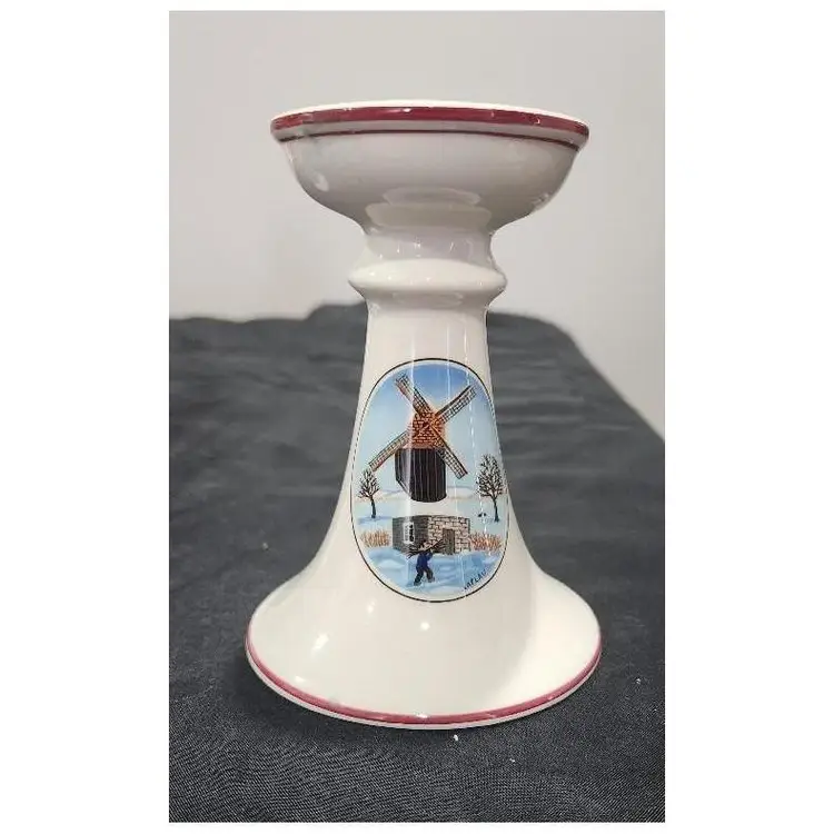 Villeroy & Boch Naif Christmas Windmill Red Rim White Cadlestick 5" tall