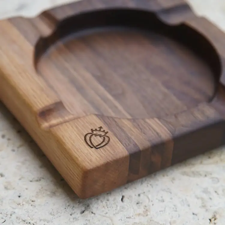 Handcrafted Walnut Cigar Ashtray engraved with Sacred Hearts of Jesus and Mary