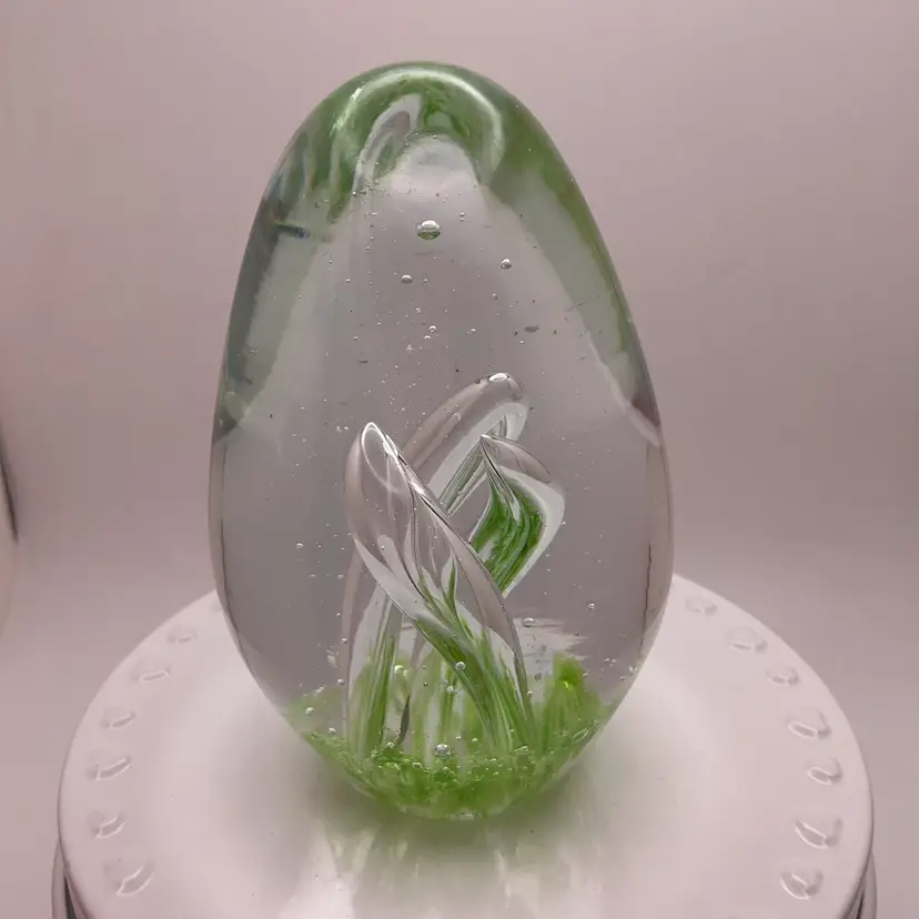 POW1 AS IS Glass Art Abstract Paperweight 3.75” Clear & Green