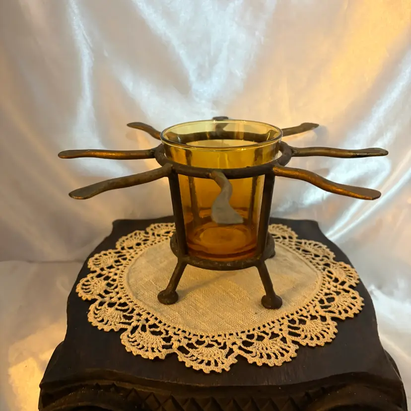 Vintage amber glass iron starburst sun candle holder made indonesia