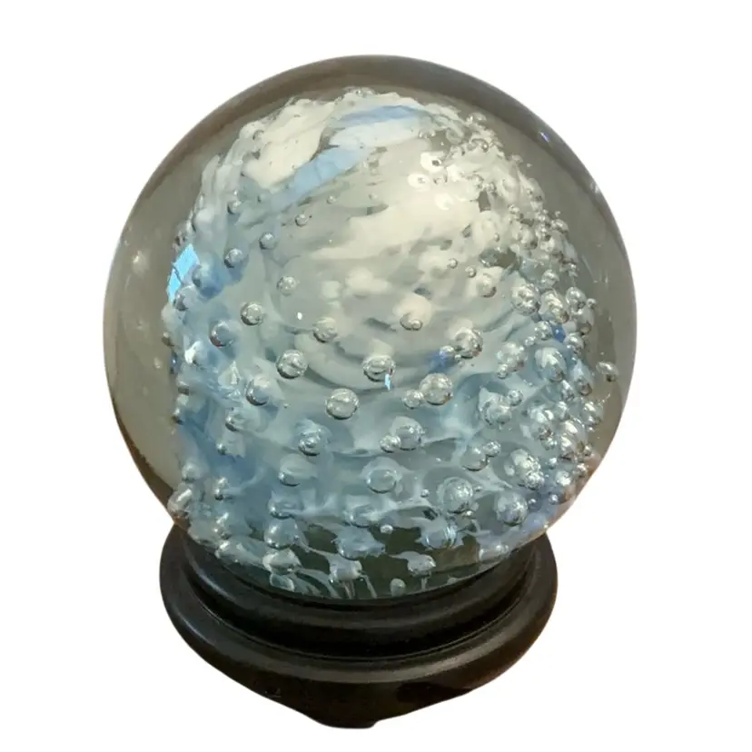 Vintage Signed June ‘84 Boyd Blue And White Optic w/Controlled Bubbles Paperweight 3”