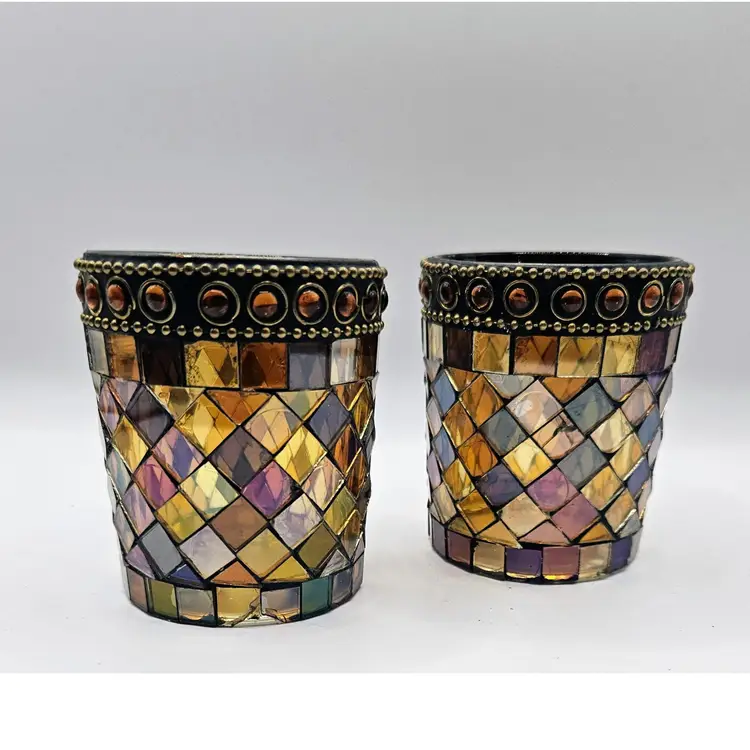 #01 - Pair of Global Fusion Mosaic Votives, 1990's Partylite 3" tall x 2.5" wide