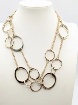 Gold Tone Double Chain Circle Link Necklace