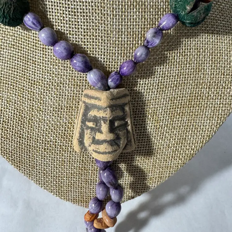 Boho Tribal Cultural Necklace Carved Stone Face Seeds 30” Long
