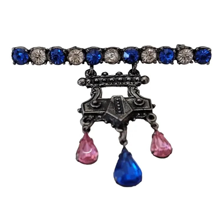 Silver Tone Blue Clear Rhinestone Art Deco Patriotic Charm Dangles Bar Pin, E673