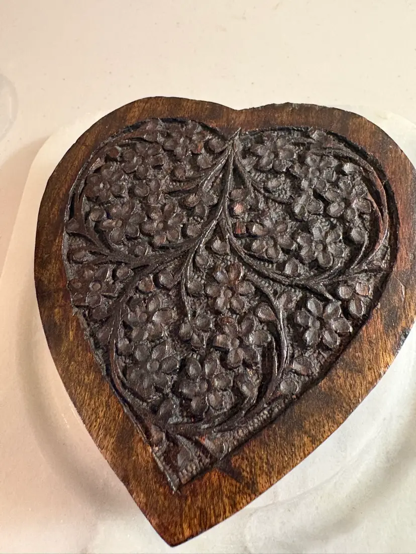 Hand Carved Heart Shape Wood Box With Hinged Lid Divided Compartment Trinket Box
