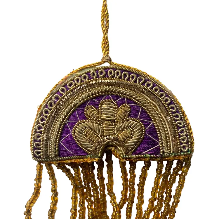 Vintage Zardozi Beaded Ball Tussle Christmas Ornament Gold Purple Pair Lot 2