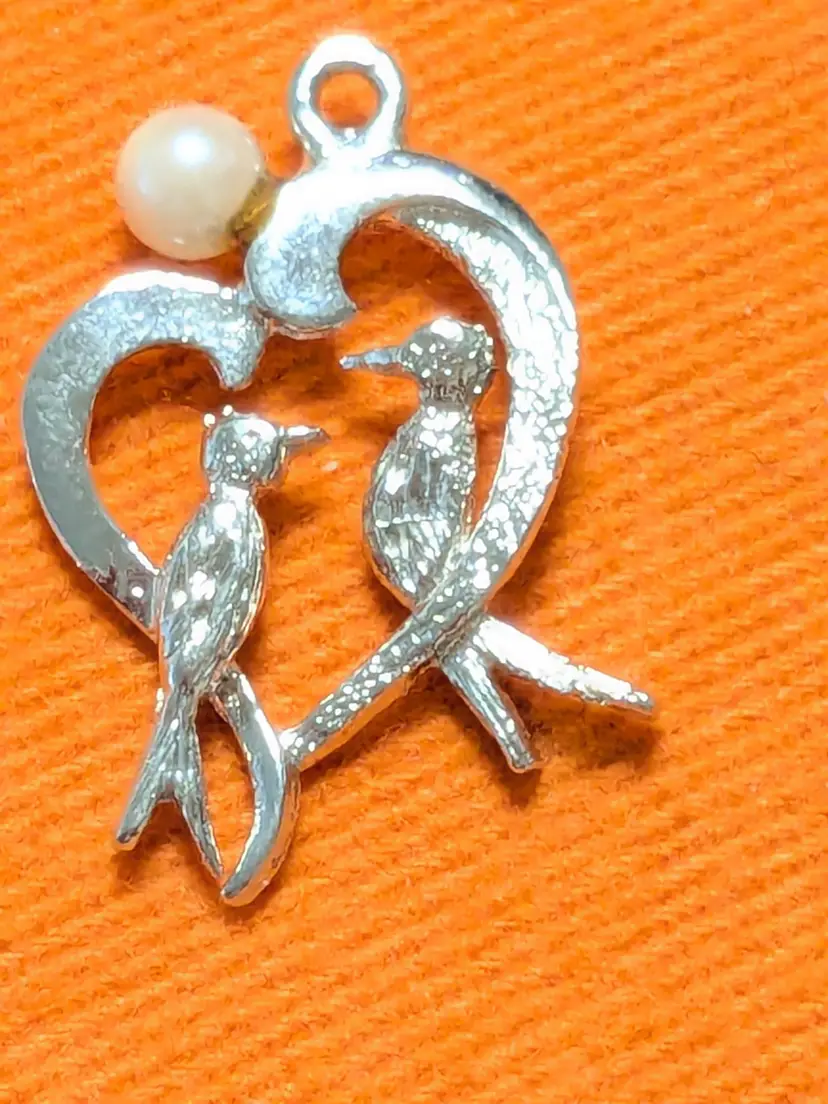 Sterling Silver Love Birds Heart with Faux Pearl Charm