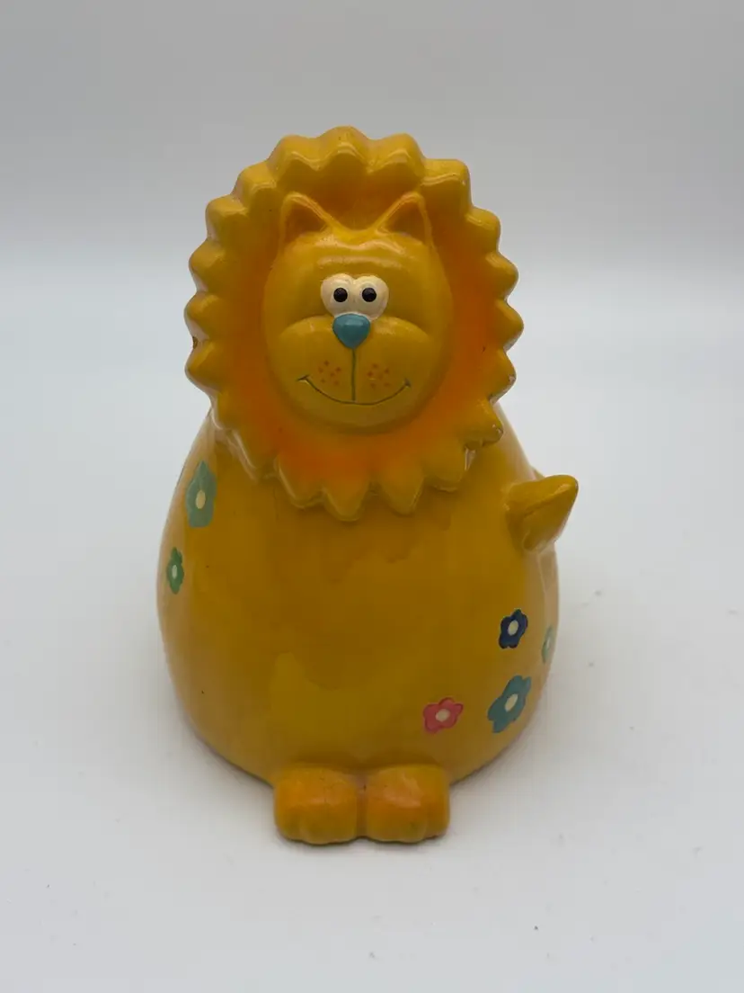 Vintage 70’s Kitschy Ceramic Lion Coin Bank With Stopper Hand Painted