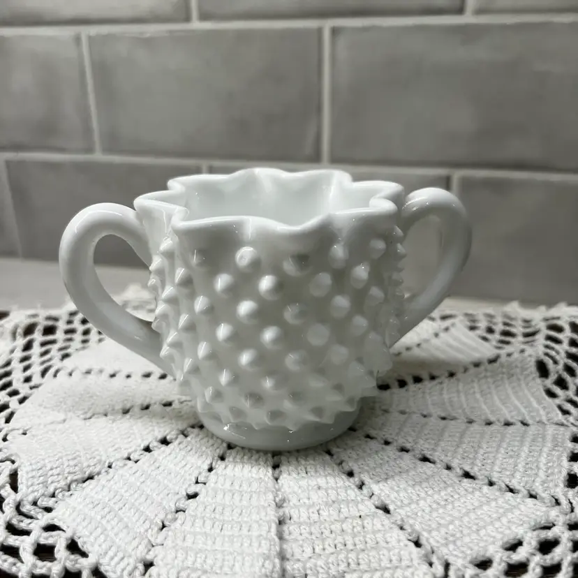 Vintage Fenton Hobnail White Milk Glass Star Double Handled Sugar Bowl
