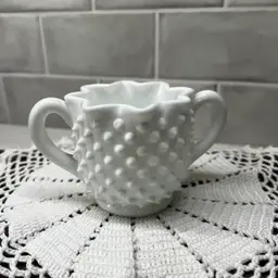 Vintage Fenton Hobnail White Milk Glass Star Double Handled Sugar Bowl