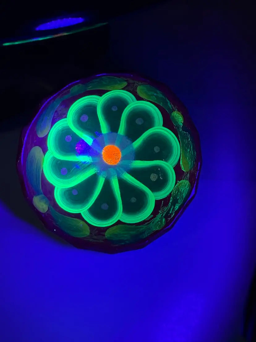 Handpainted Mexican Terra Cota Small Dish Glows Under Black Light