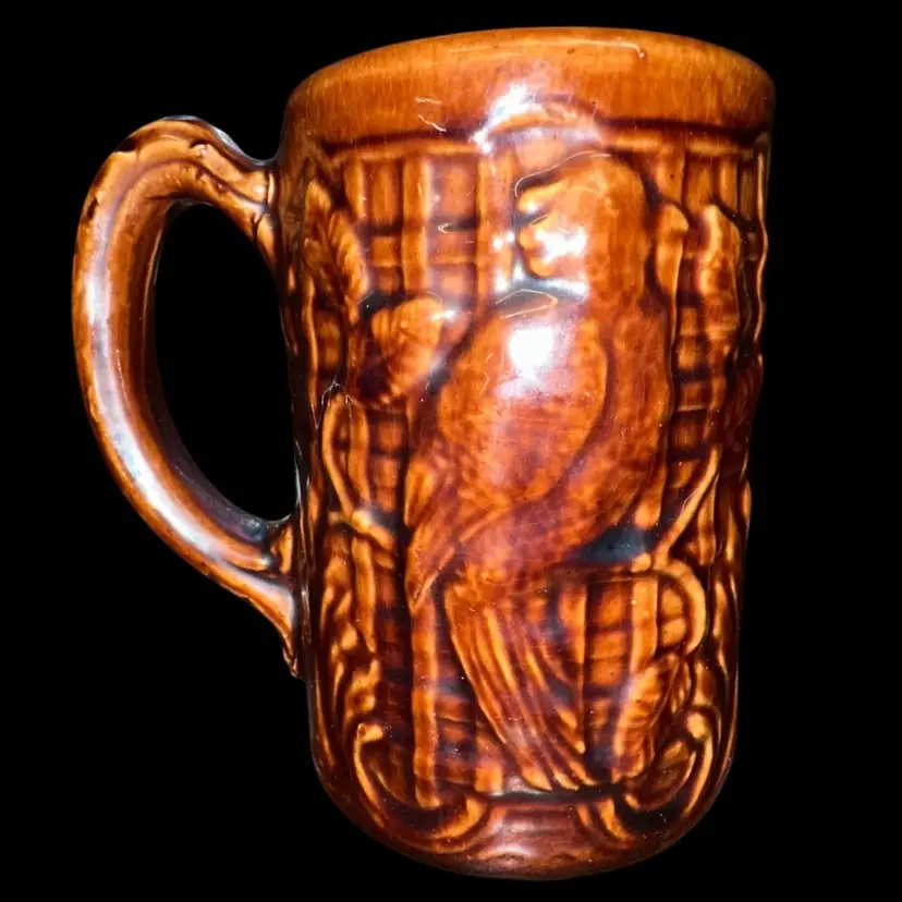 Vintage Rockingham Bennington Parrot Brown Glazed Mug Beer Stein Pottery