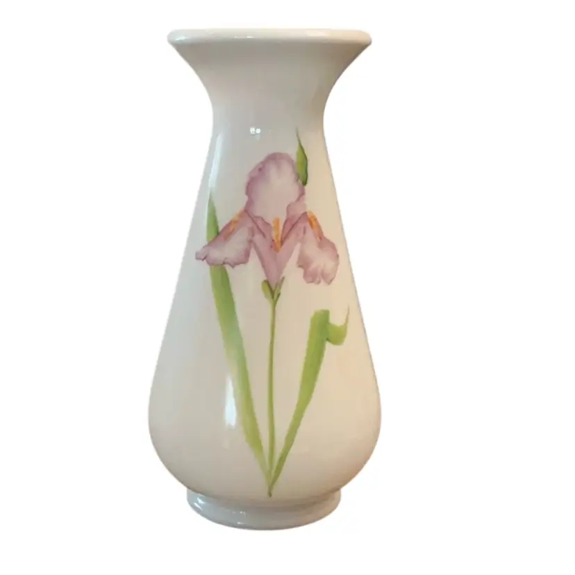 Vintage 1980’s Fenton Hand Painted Iris On White Milk Glass 7 1/2” X 4” At Widest Point With 2 1/2” Opening At Mouth